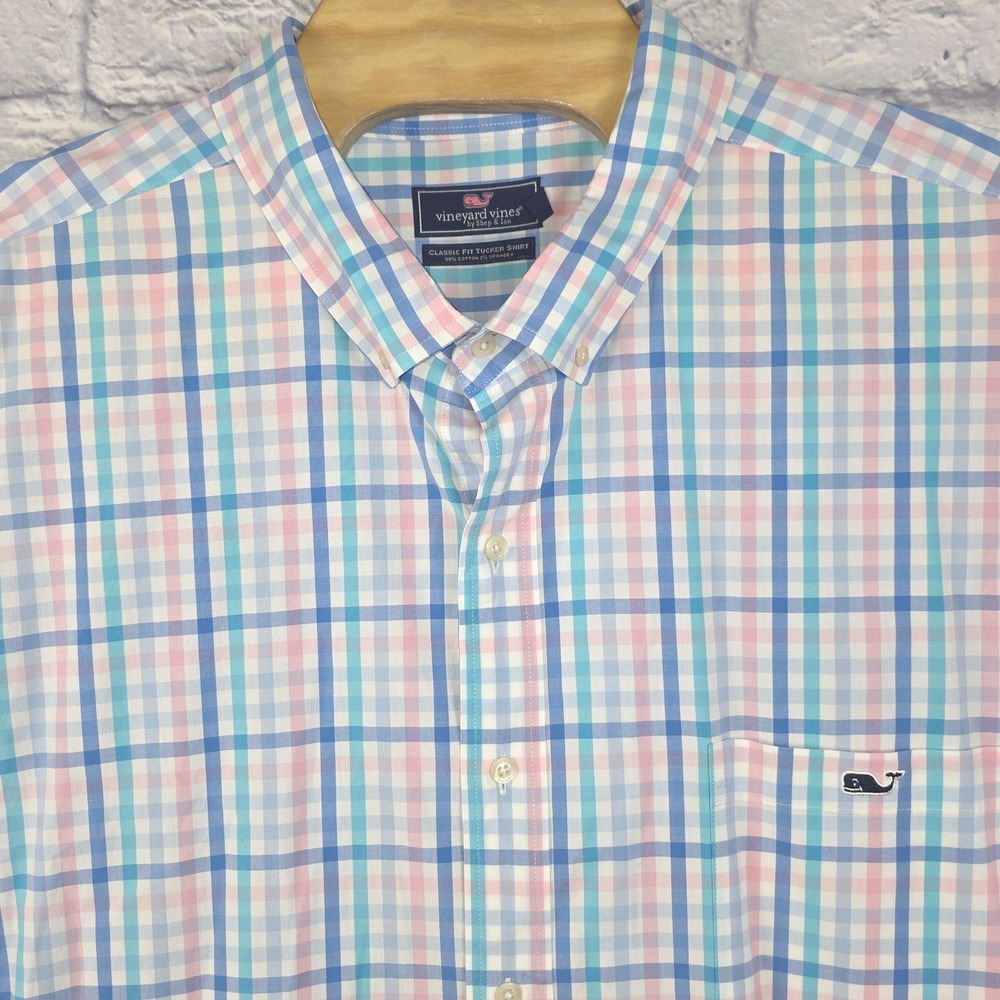 Vineyard Vines Men Classic Fit Tucker Blue Pink Plaid Button Down Shirt 4XB BIG